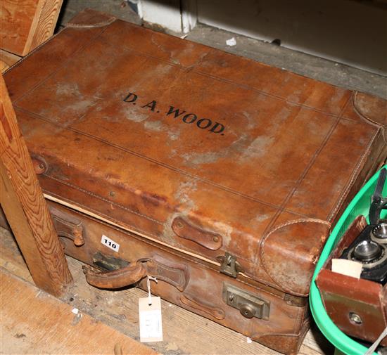 Gents early 20C dressing case, LMS leather bag containing maps (some linen-backed), vintage leather suitcase, jigsaw & sundries